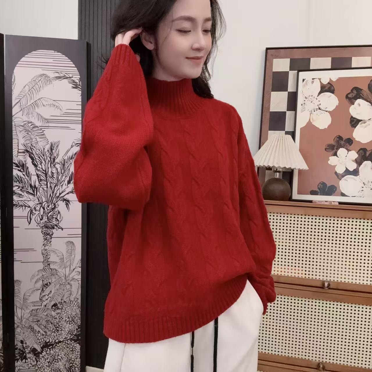 IXIAN女装-冬季羊毛半高领宽松落肩袖百搭麻花绵羊毛时尚上衣女装