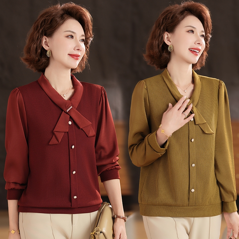 妈妈春秋纯色百搭时尚飘带长袖中老年秋季宽松V领小衫