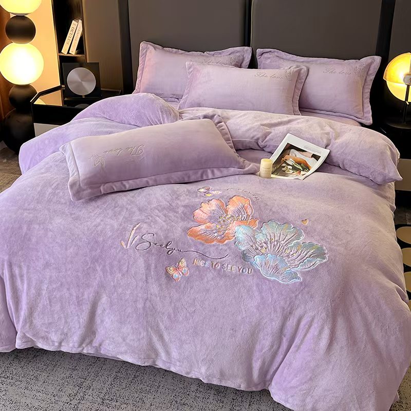 莜兰姿家纺防静电防寒保暖冬季牛奶绒双面绒床上用品刺绣四件套