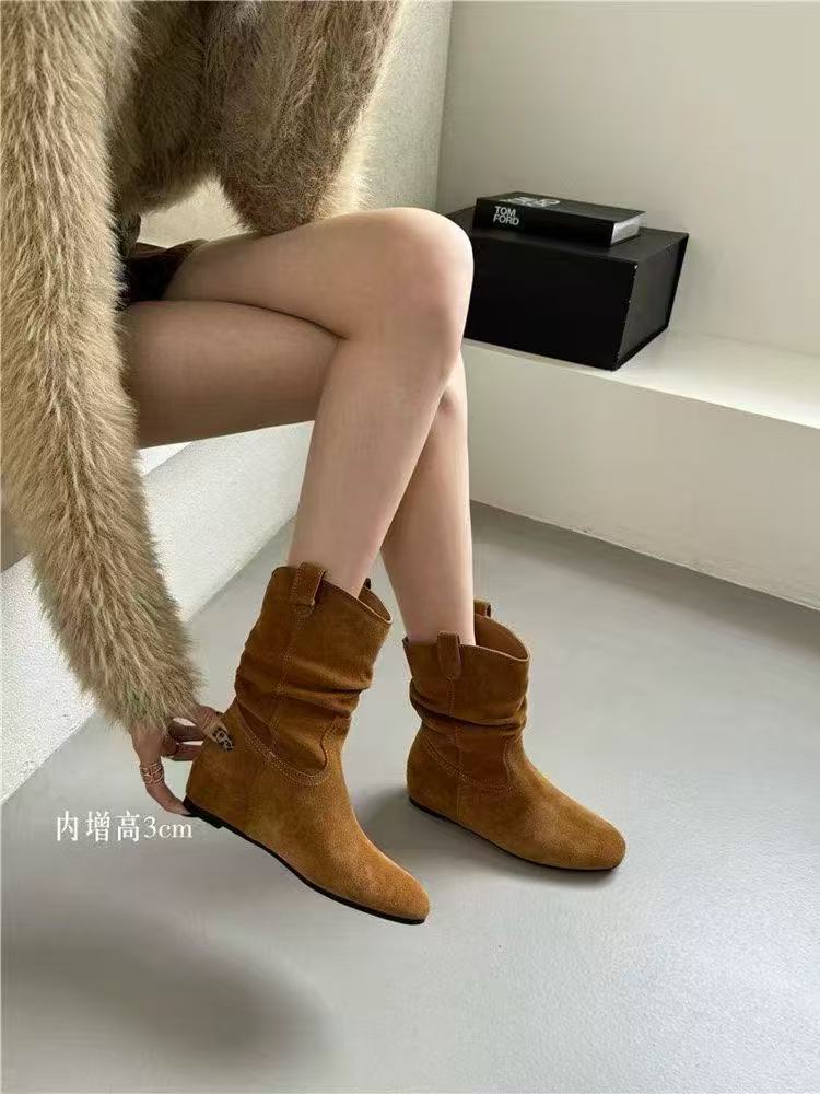 明星同款女秋2025新款韩版复古内增高款褶皱翻毛皮小单靴