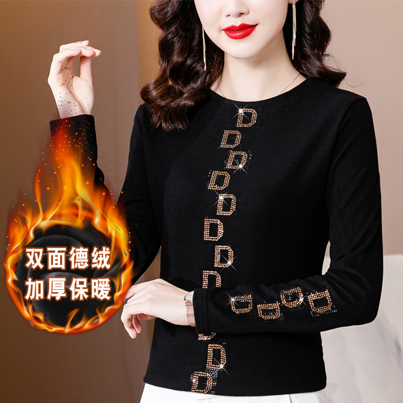 双面德绒打底衫长袖加绒妈妈秋冬装烫钻打底衫洋气减龄中年女上衣