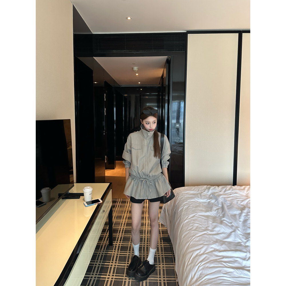  米兰往事'翻领条纹收腰抽绳外套拉链夹克早秋