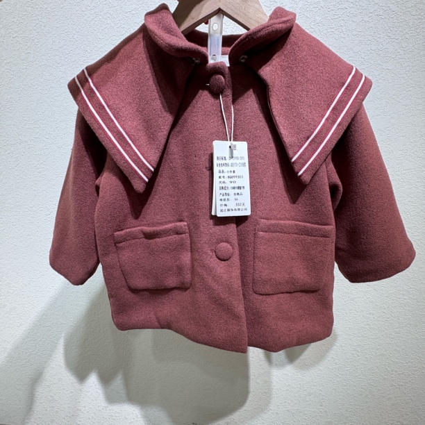 休闲风翻领常规款毛呢圆领红色春秋呢大衣童装