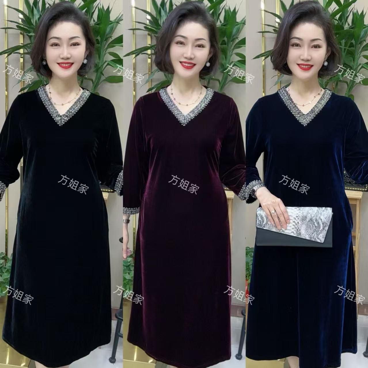 重工艺手工串珠v领丝绒裙