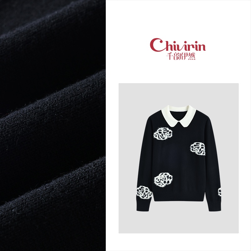 【千韵伊然】休闲黑色时尚印花套头长袖秋冬针织衫0631