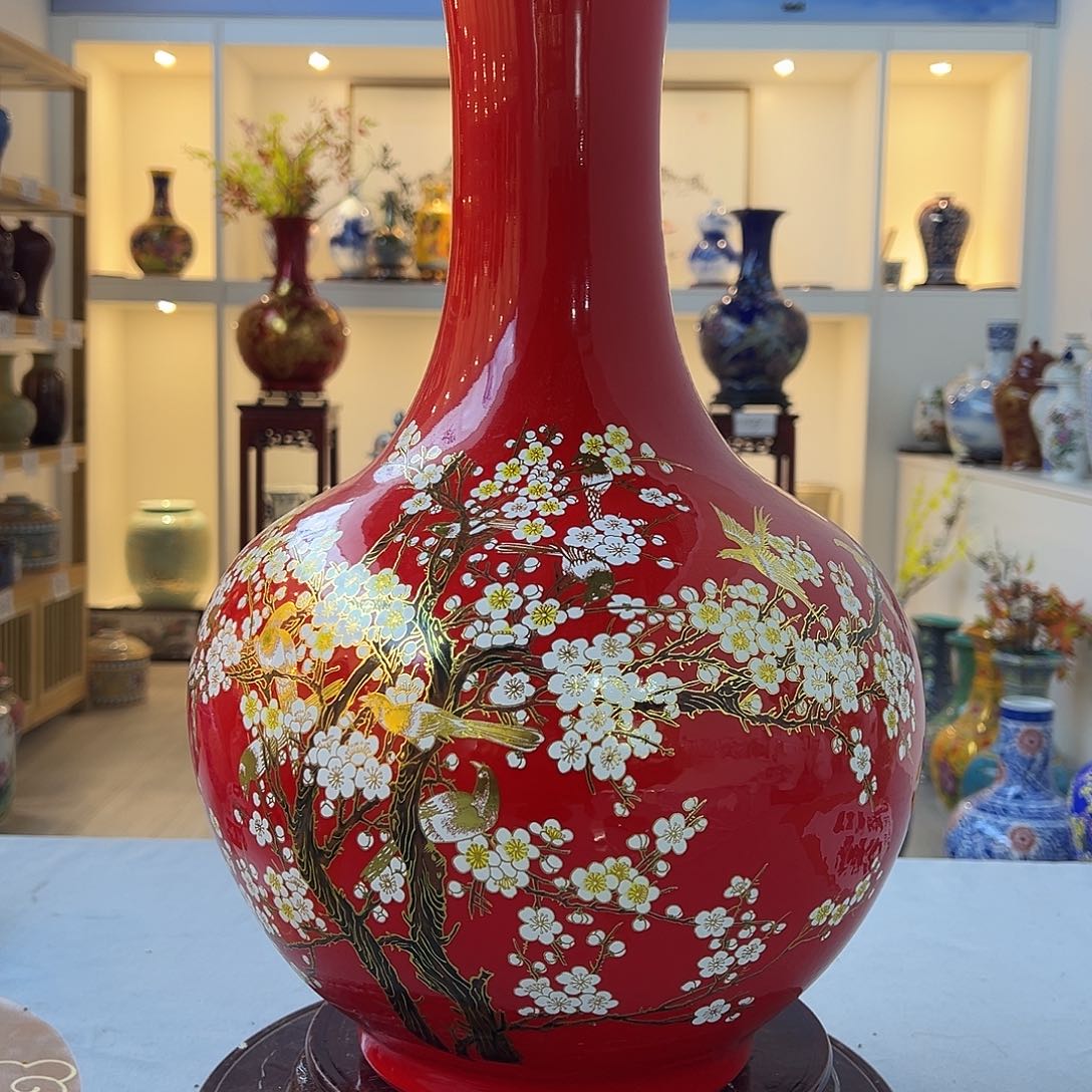 摆件陶高48直径27红色喜上眉梢赏瓶