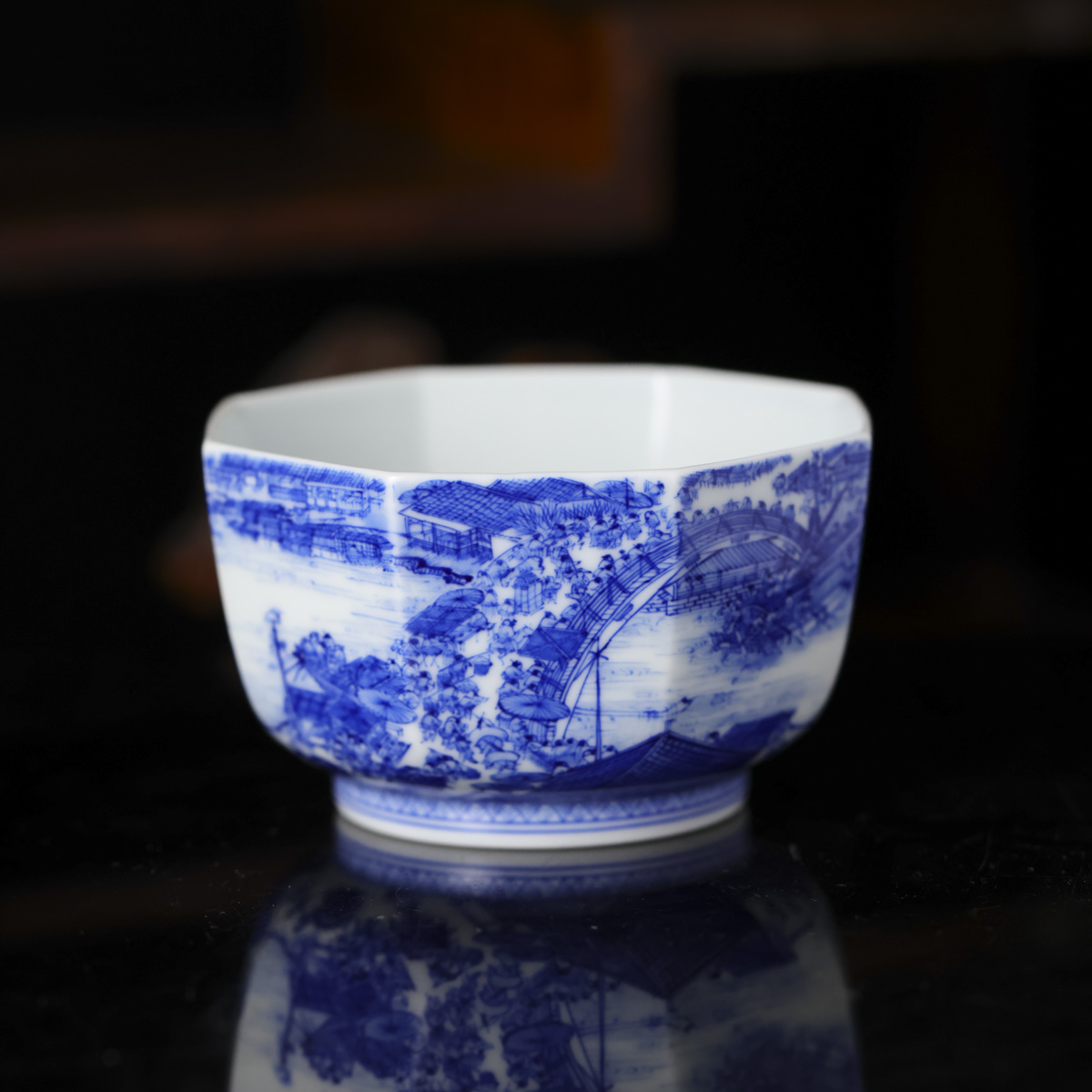 小桥-青花清明上河图八方杯-手工陶瓷有差异 