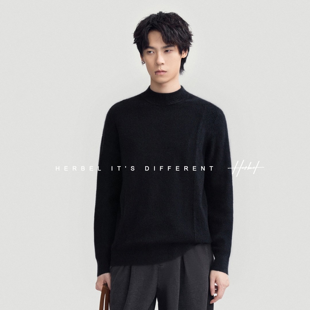 HERBEL/黑白2025秋冬长袖休闲打底衫毛衣百搭中领休闲针织衫