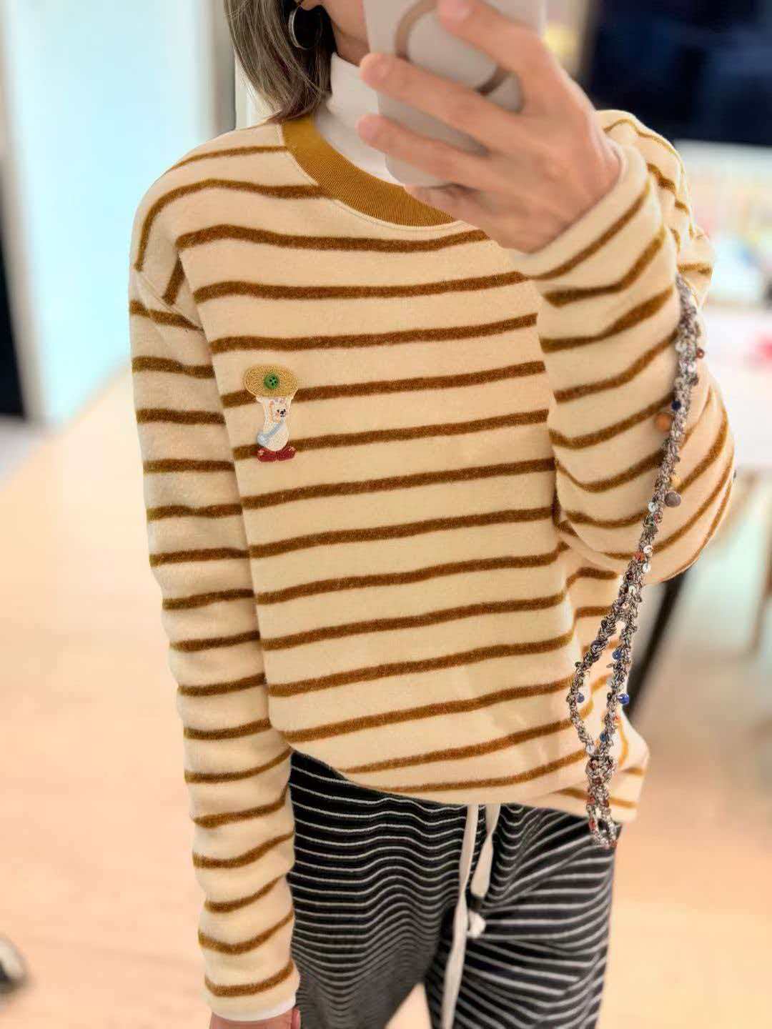 A. D. Khal 纸袋家280g兔毛保暖爆款面料条纹扣子长袖打底t恤0988