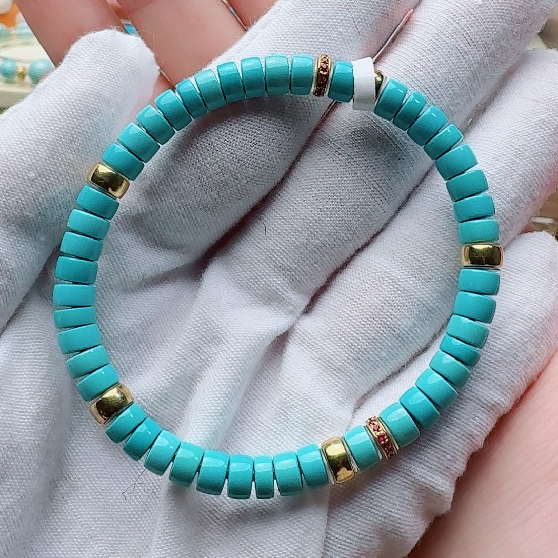 绿松石未镶嵌高瓷蓝直切手串 直径6