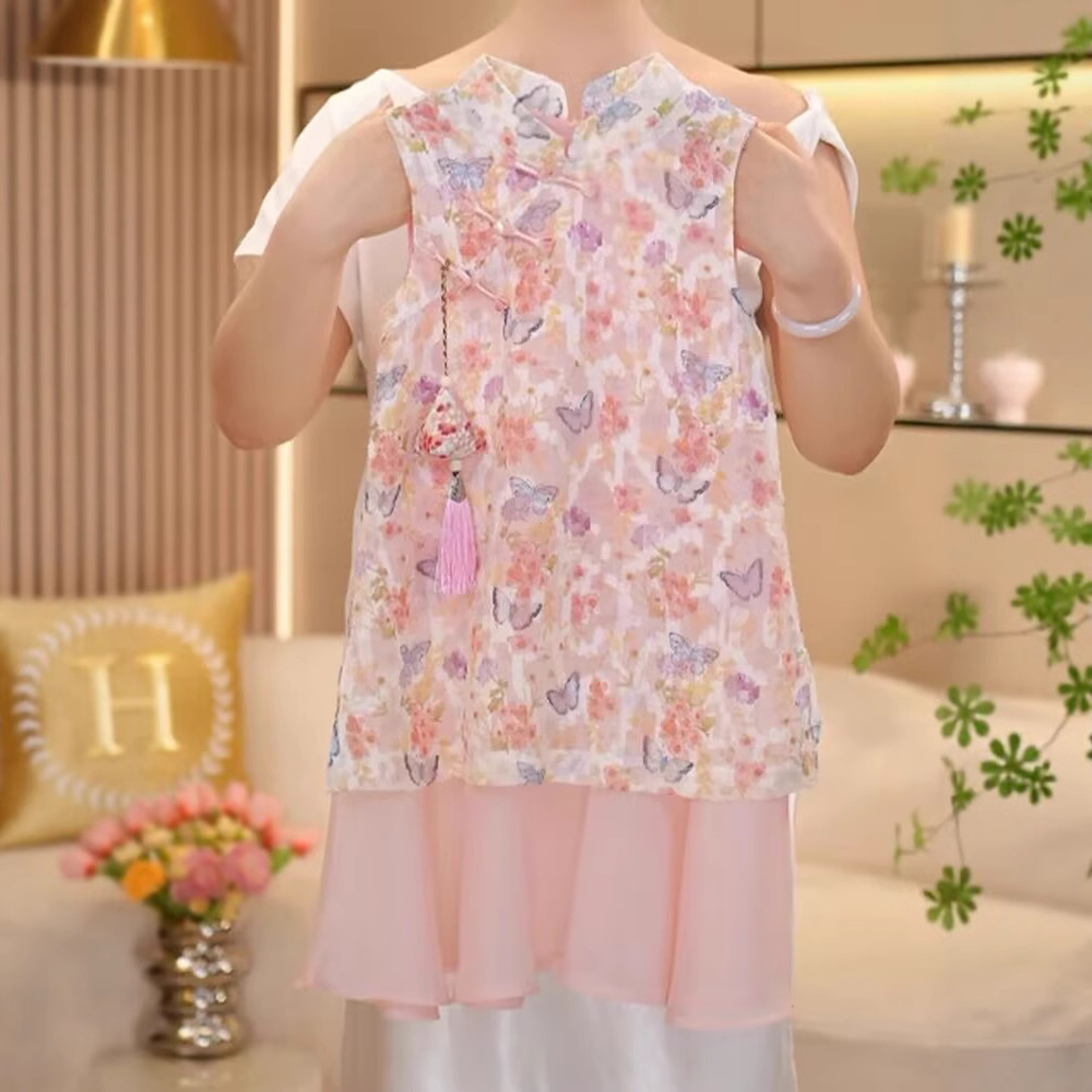 夏季女童洋气碎花复古中国风立领无袖洋气中大童盘扣旗袍纱裙
