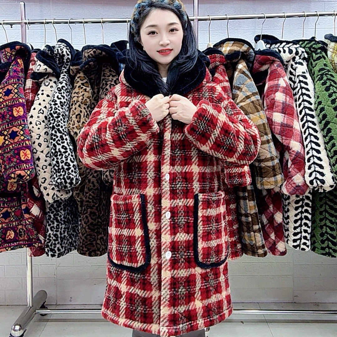 2025冬季新款仿兔毛绒加绒加厚连帽中长款舒适保暖居家棉衣棉服