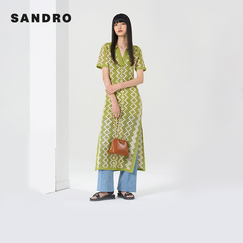 【搭搭专属】SANDRO女装法式翻领针织镂空绿色长款连衣裙SFPRO03066