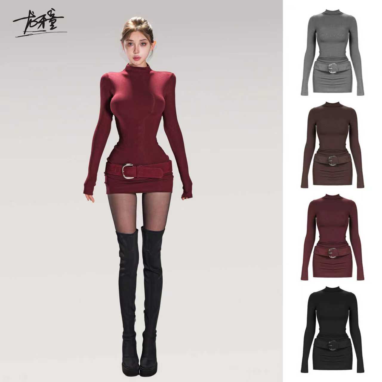 龙牙童推荐【轻熟女长袖】性感长袖赫本风连衣裙修身秋冬显瘦时尚