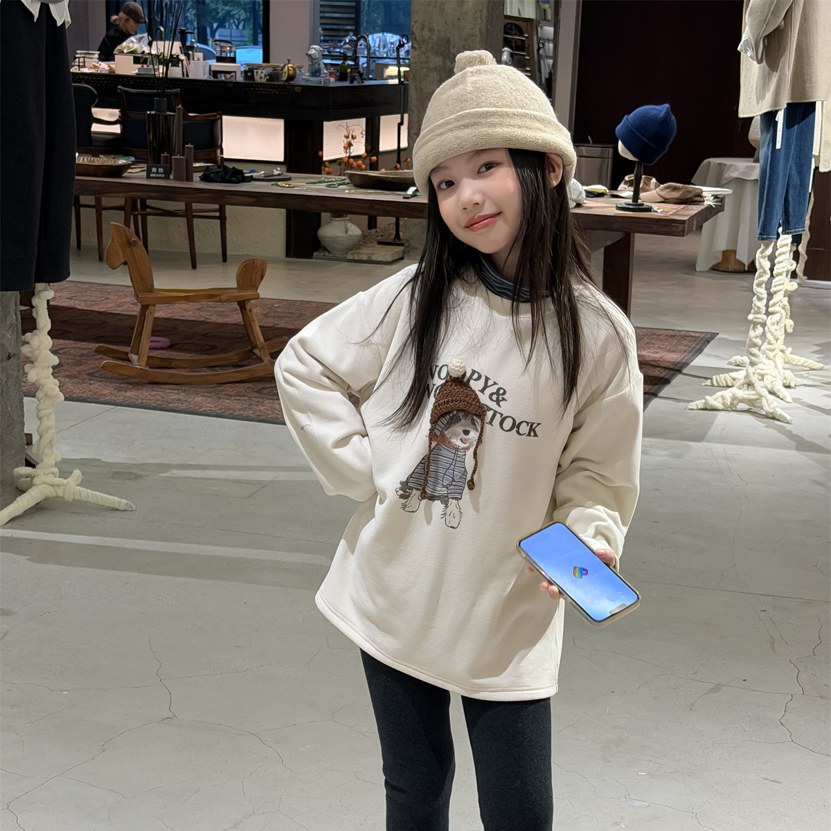 PPM. 女童长款卫衣打底衫冬款卡通印花加厚打底衫儿童保暖内搭潮