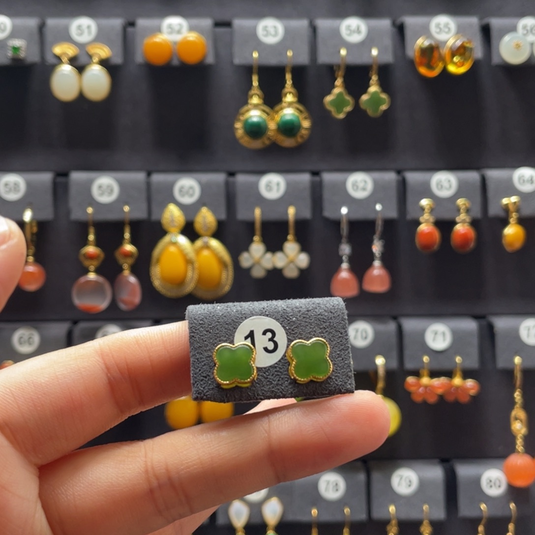 和田玉银S925镶嵌耳饰13号