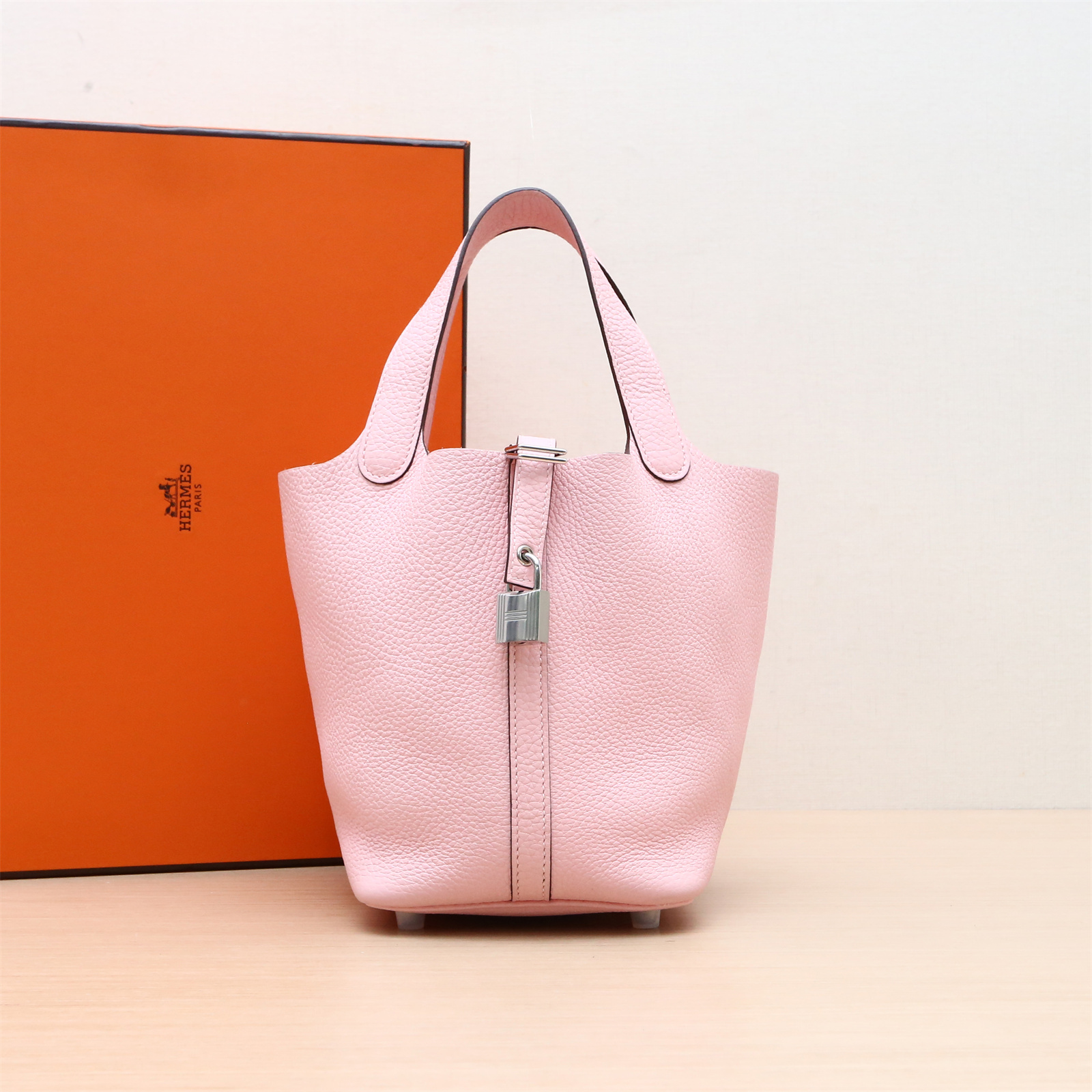 95新 Hermes/爱马仕 小花黑黑 菜篮子18 樱花粉 TC皮 D刻 