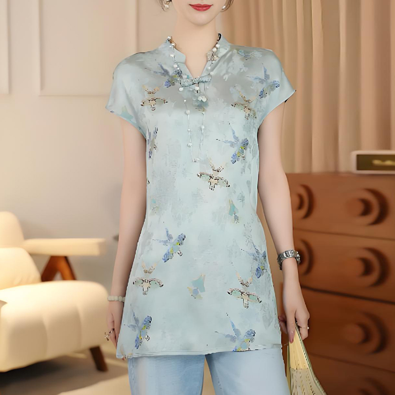 新中式国风风筝印花短袖衬衫女夏季减龄气质小衫百搭宽松显瘦上衣