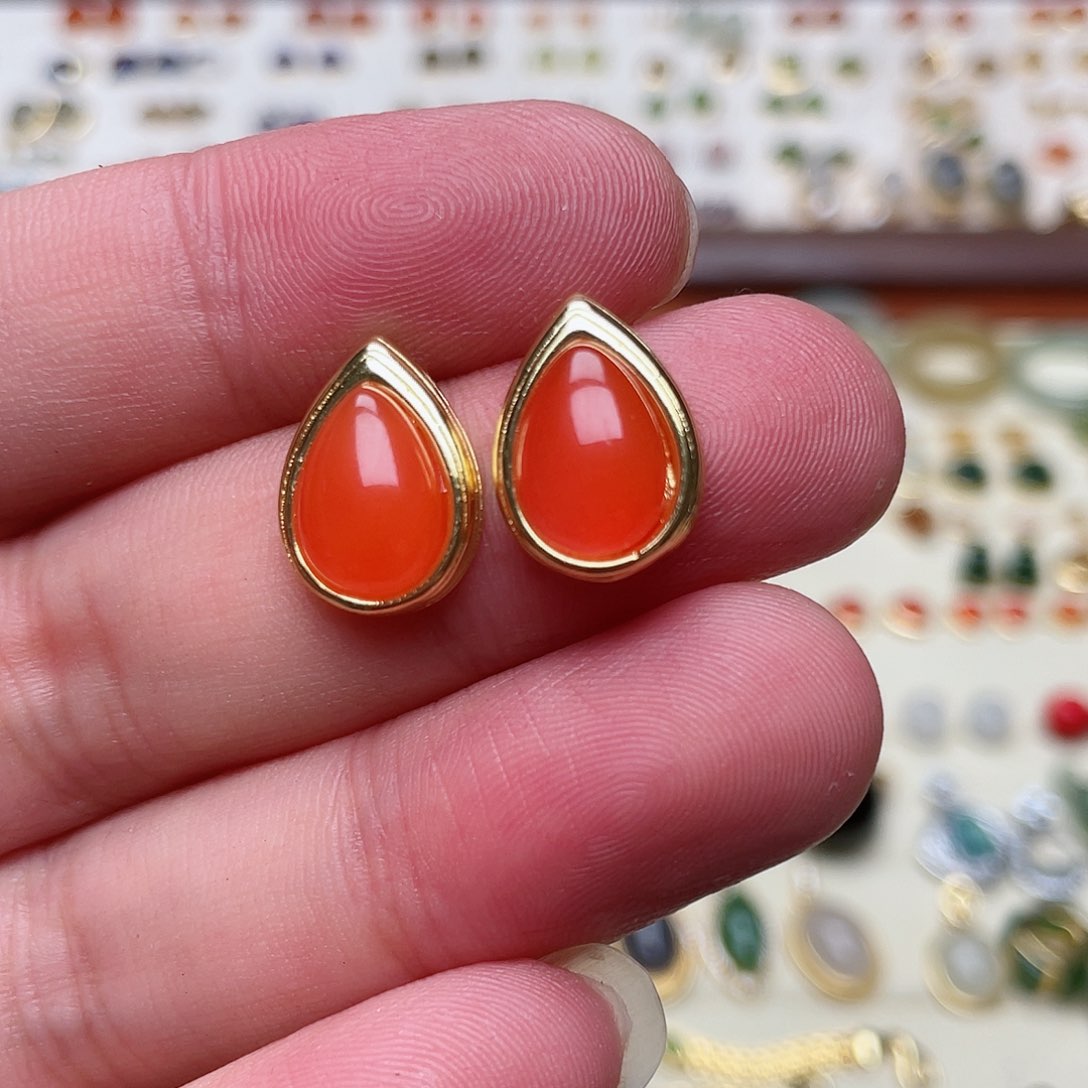 和田玉耳钉银S925镶嵌