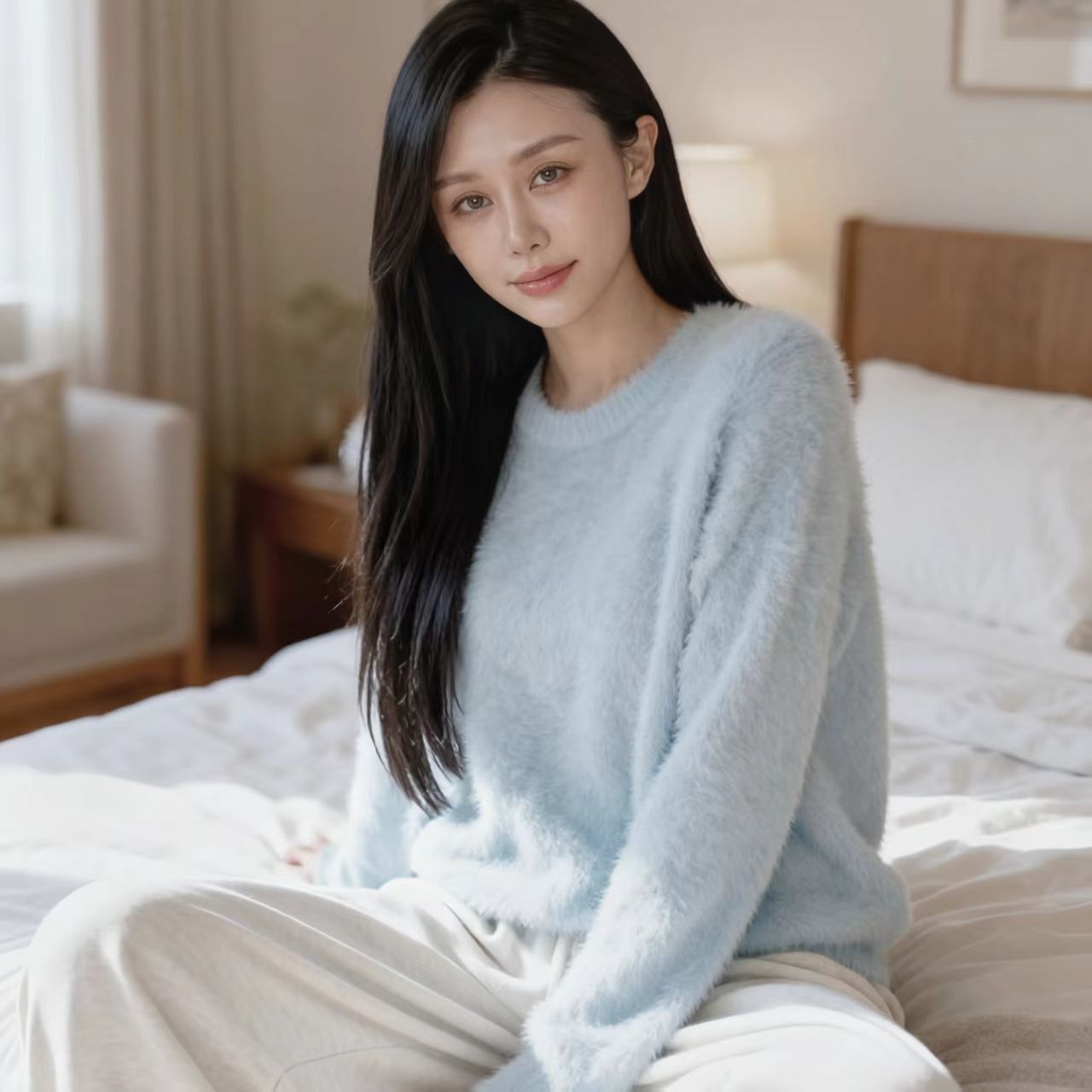 【ASKYO】秋冬针织仿貂上衣打底衫针织衫女百搭保暖毛针织衫