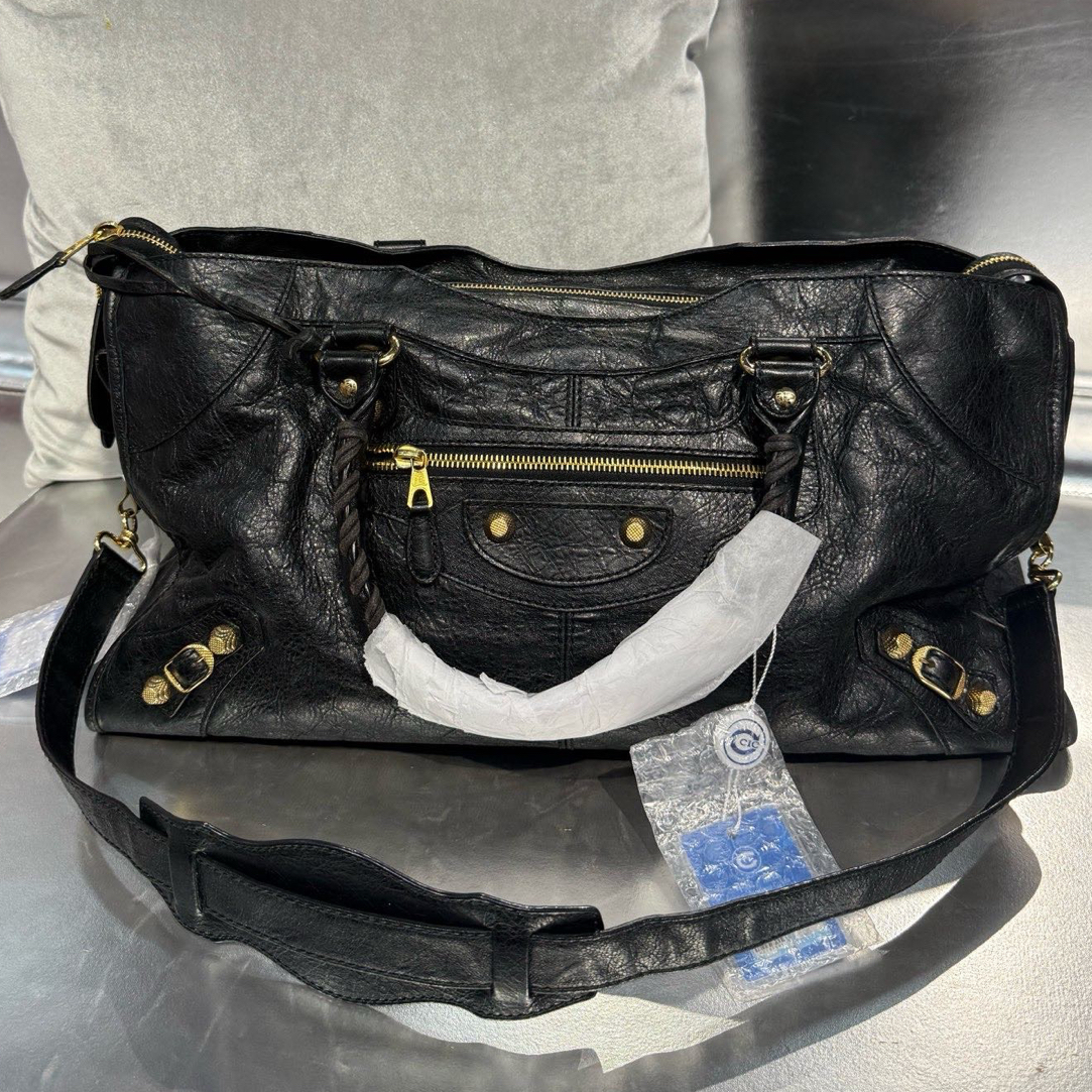 95新 Balenciaga/巴黎世家 黑色金钉大号机车包手提单肩包底宽42