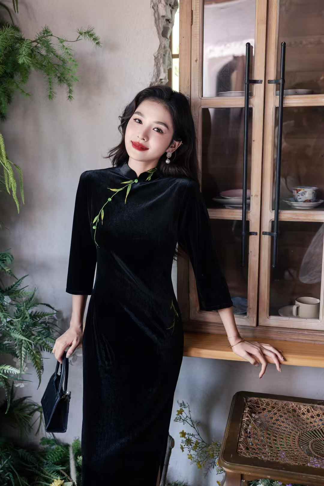 【莲竹】新中式高端低领中长裙旗袍高雅竹秋季