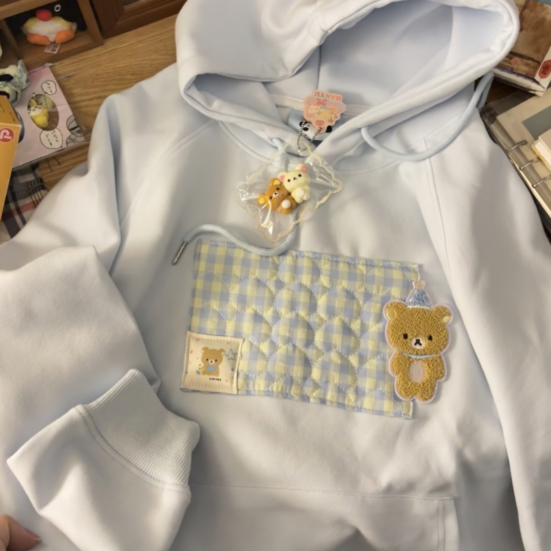 原创手工夹棉拼布小熊刺绣宽松连帽卫衣女学生春夏季百搭款