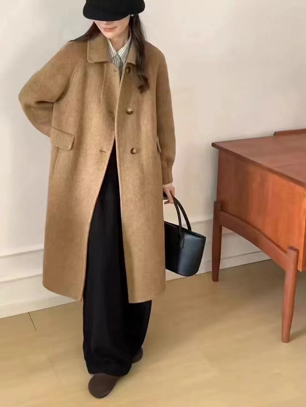 时尚韩系长款大衣翻领宽松毛呢外套