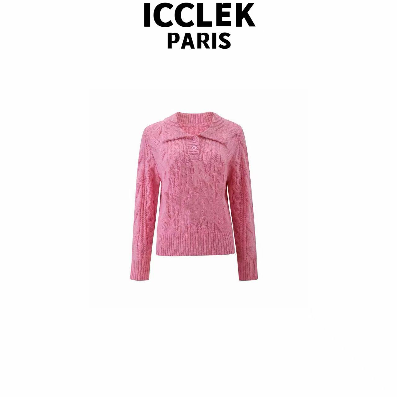 ICCLEK 秋冬新款粉色V领纽扣长袖针织衫轻奢套头上衣 - 9310