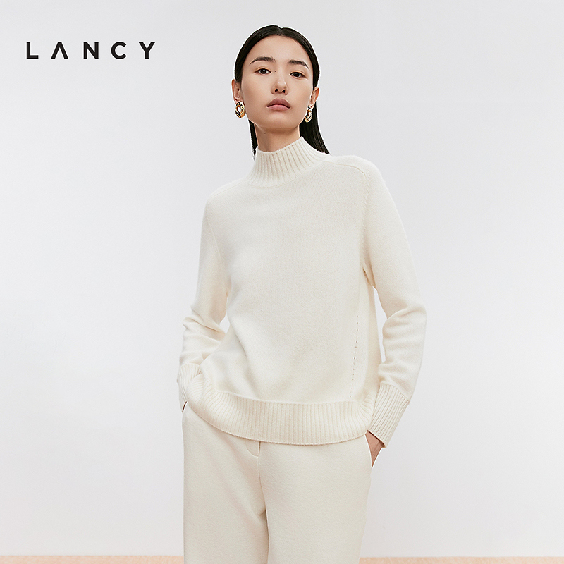 LANCY/朗姿2024冬新款100%山羊绒坑条高领简约百搭套头毛针织衫女