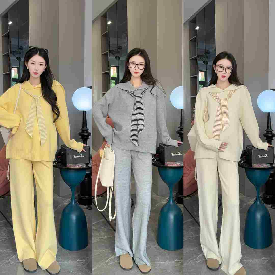 时尚孕妇套装2025孕妇秋冬网红软糯亲肤翻领减龄毛衣休闲套装简约