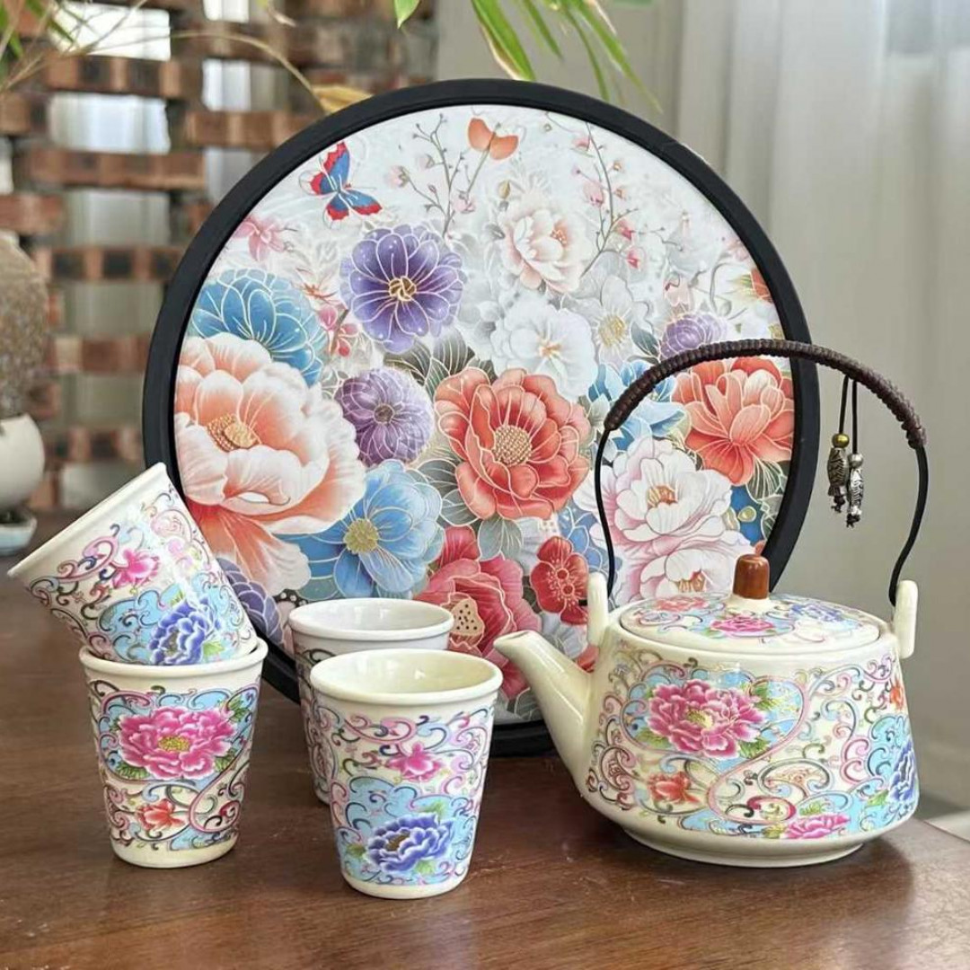 复古中式茶具提梁壶金丝牡丹1壶4日式杯圆形吸水茶盘繁花似锦图