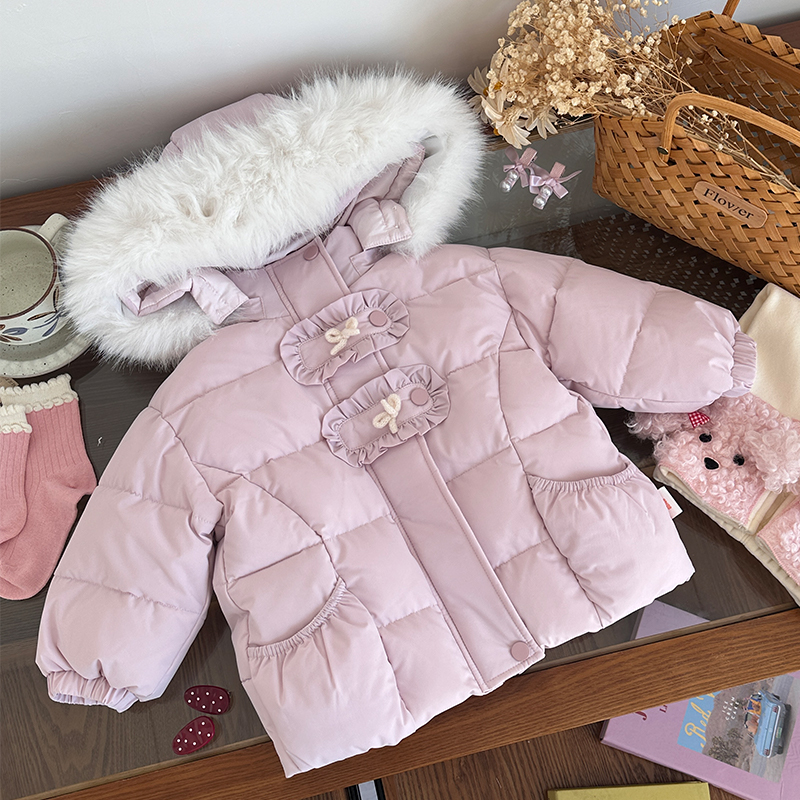 【现货】DW259902冬季新款女童羽绒服90白鸭绒外套女宝大毛领中长款