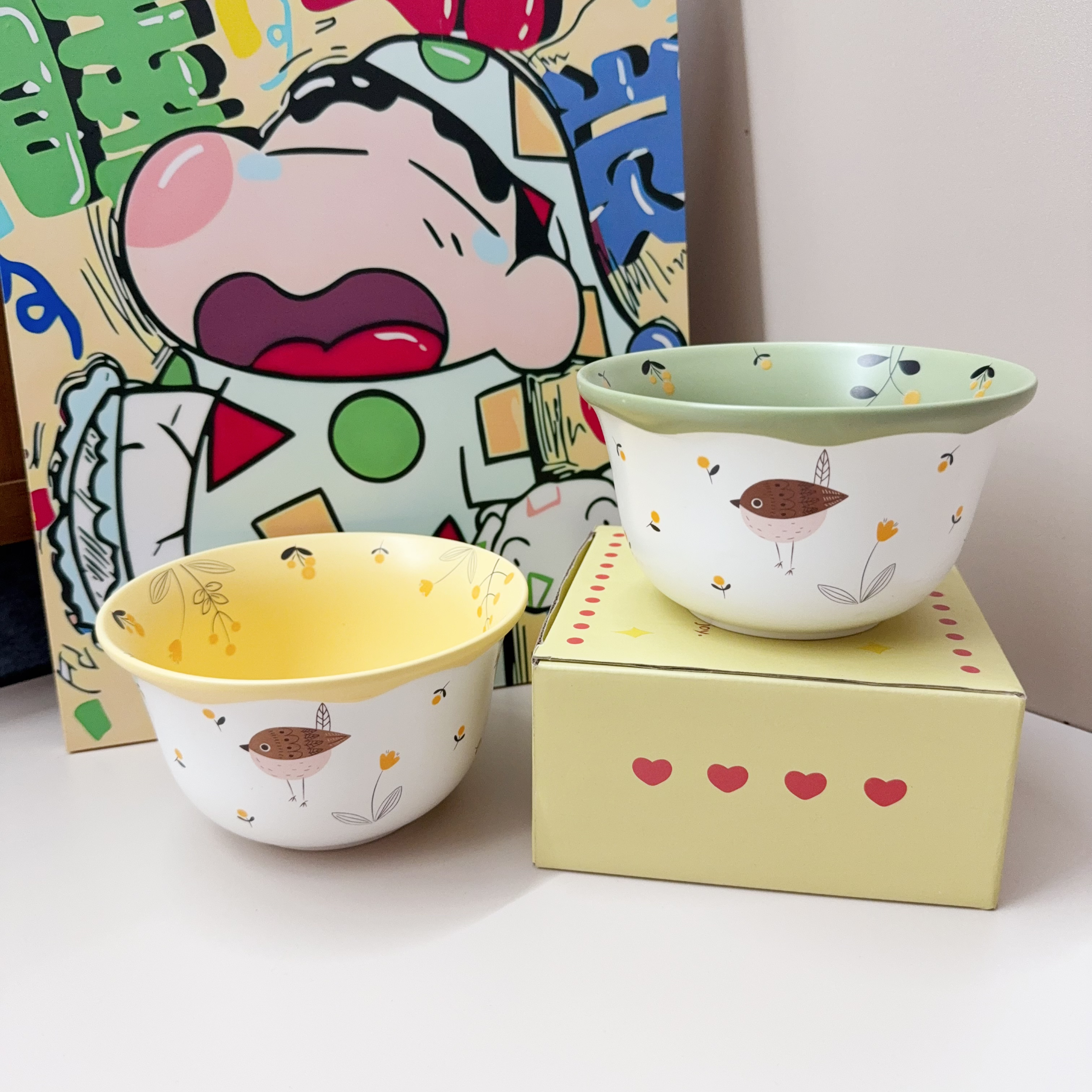 两只装大碗6英寸（奶油黄+抹茶绿）可爱鸟语花香陶瓷面碗家用汤碗zb