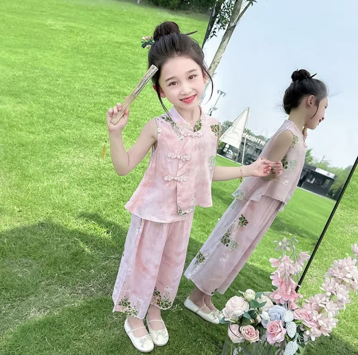汉服女童棉绸套装夏季2025新款洋气时髦儿童新中式夏装女宝两件套