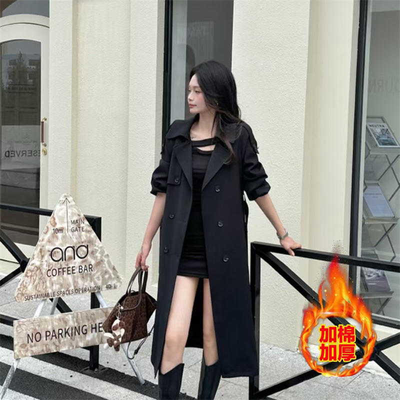 【XIAO】冬季加棉新款气质简约百搭长款夹棉风衣外套8577