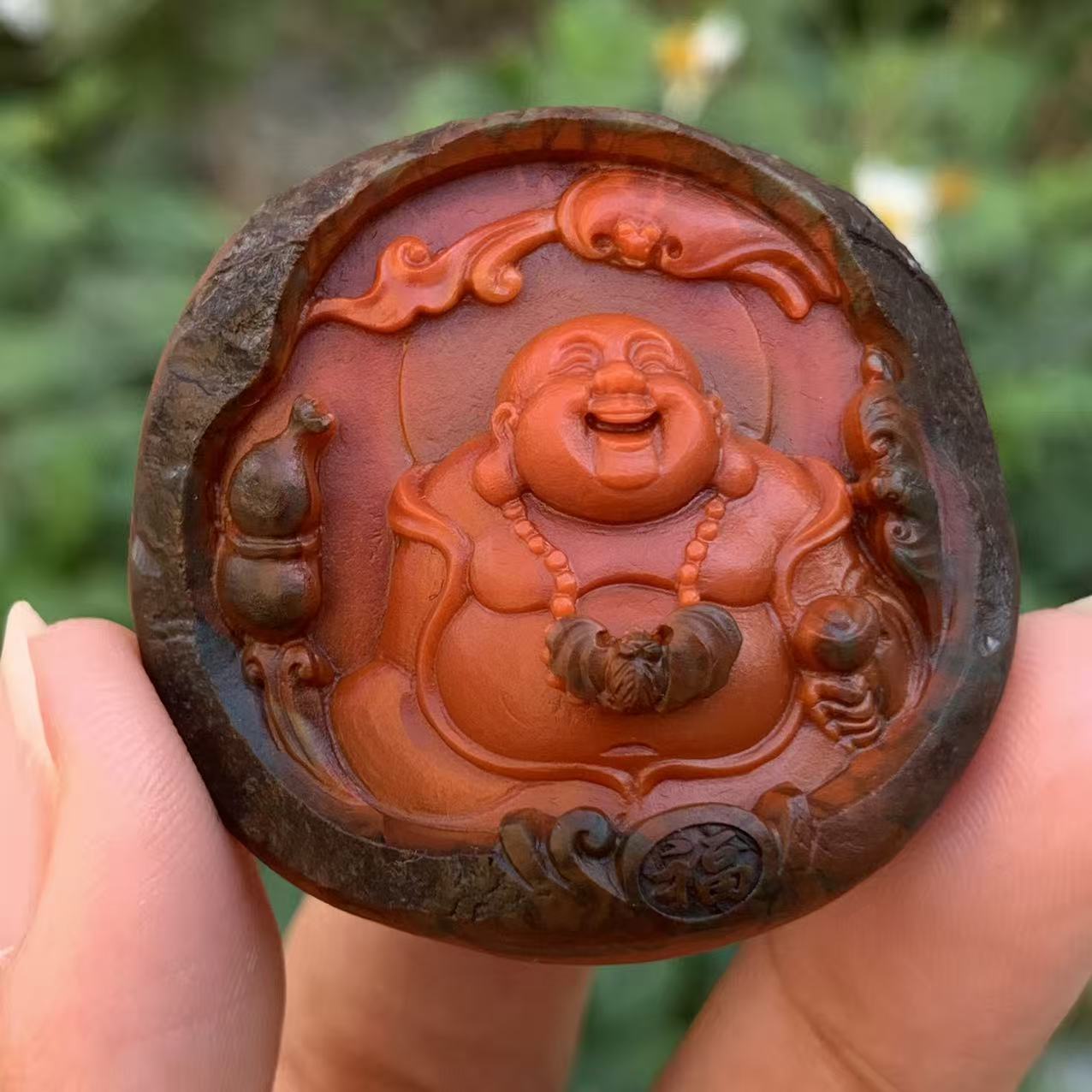 典藏级 南红九口铁皮包浆柿子锦红 笑佛吊坠 肉质饱满 38*40.2*22