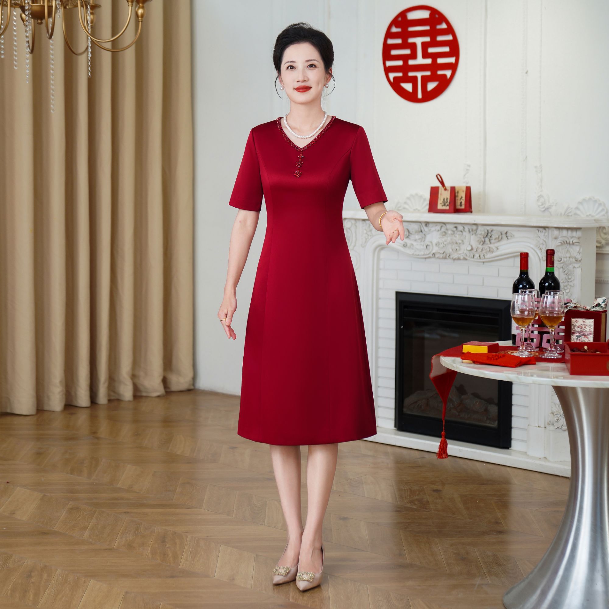 5378新品妈妈婚宴礼服女喜婆婆婚宴装高贵高端年轻敬酒服连衣裙