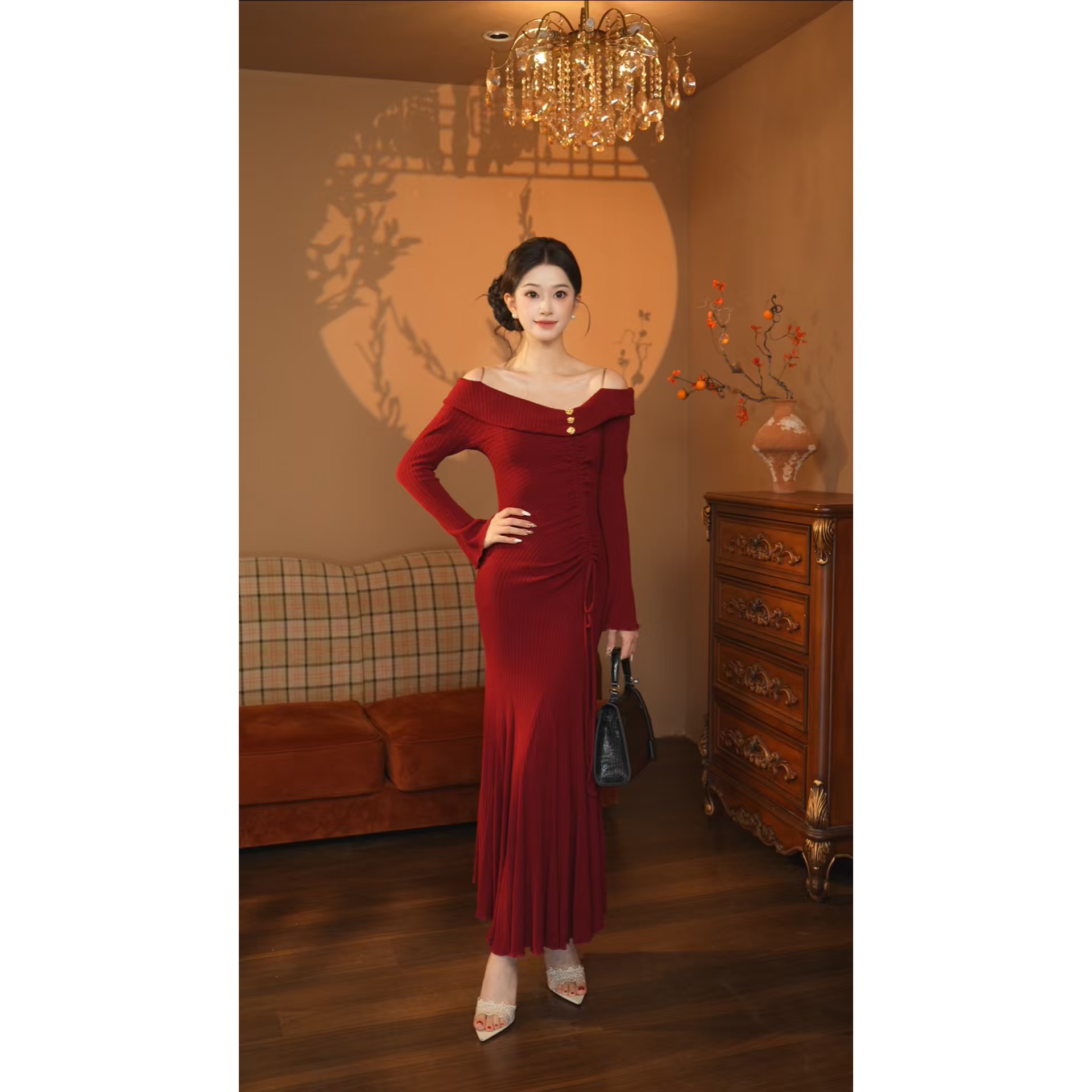 2店-646【潇潇定制】酒红色针织秋冬连衣裙YQ216