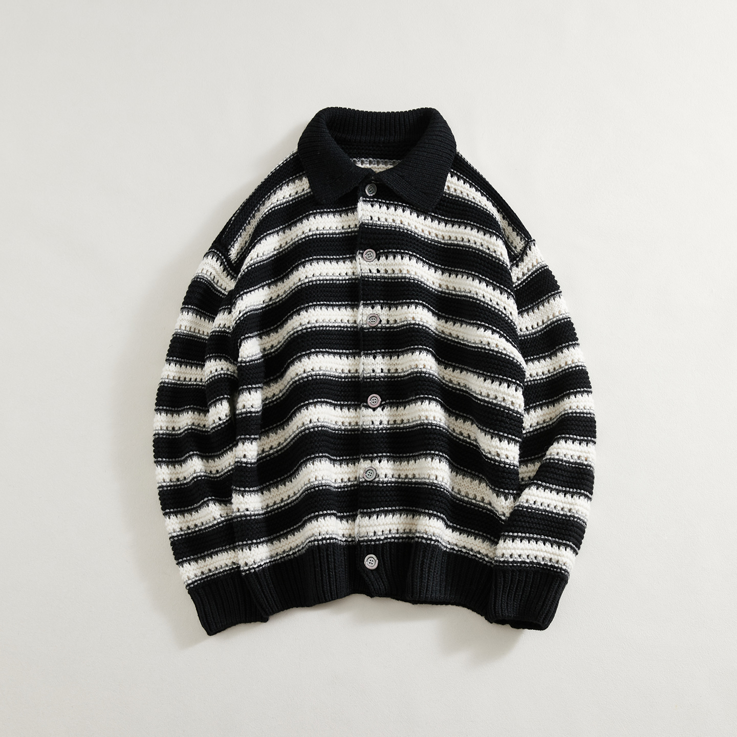 小众设计师立体手勾粗针黑白条纹羊毛开衫外套-W55012