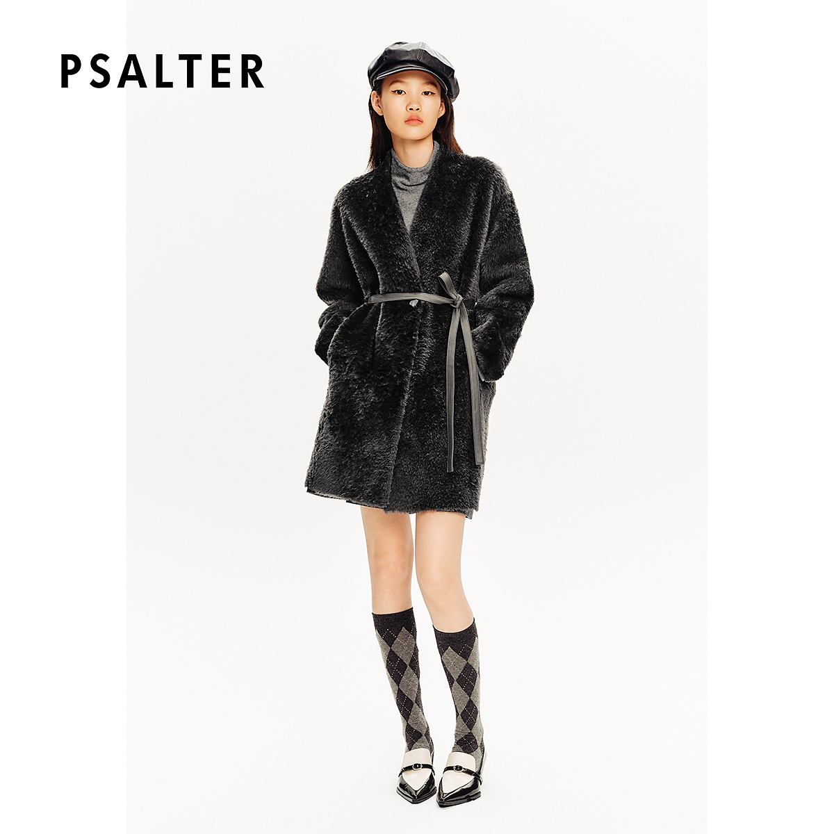 PSALTER诗篇皮毛一体显瘦V领绵羊皮腰带中长款皮草外套冬款