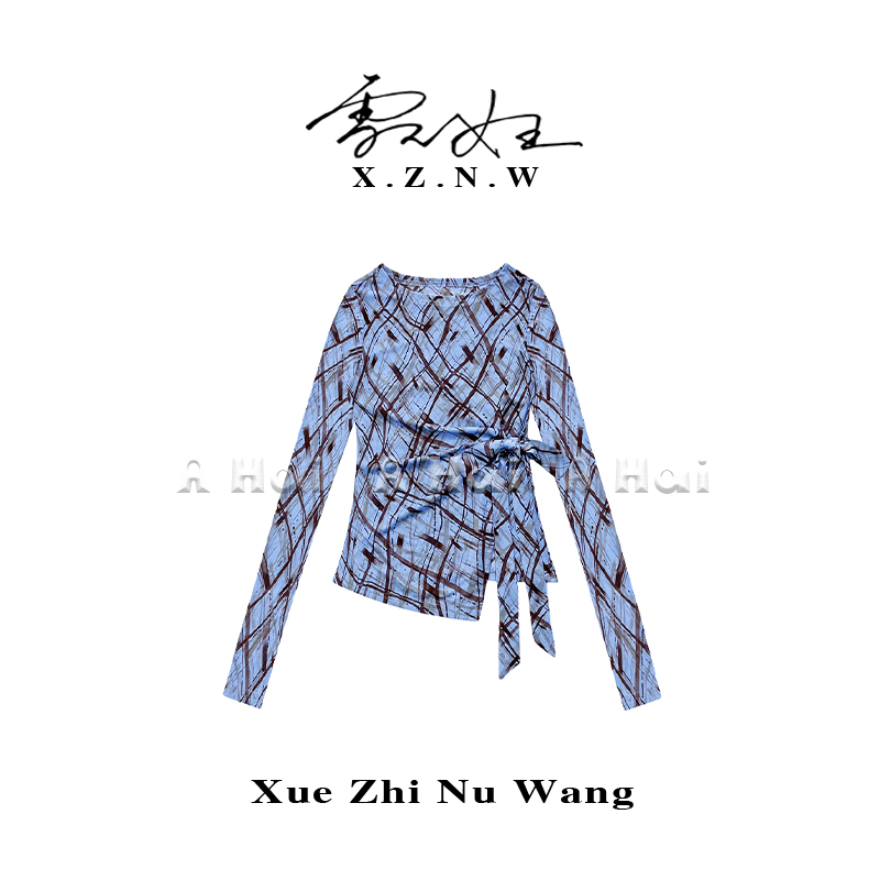 A Hai【蓝霭墨蔓】夏季格纹蝴蝶结绑带网纱长袖T恤女时尚百搭上衣