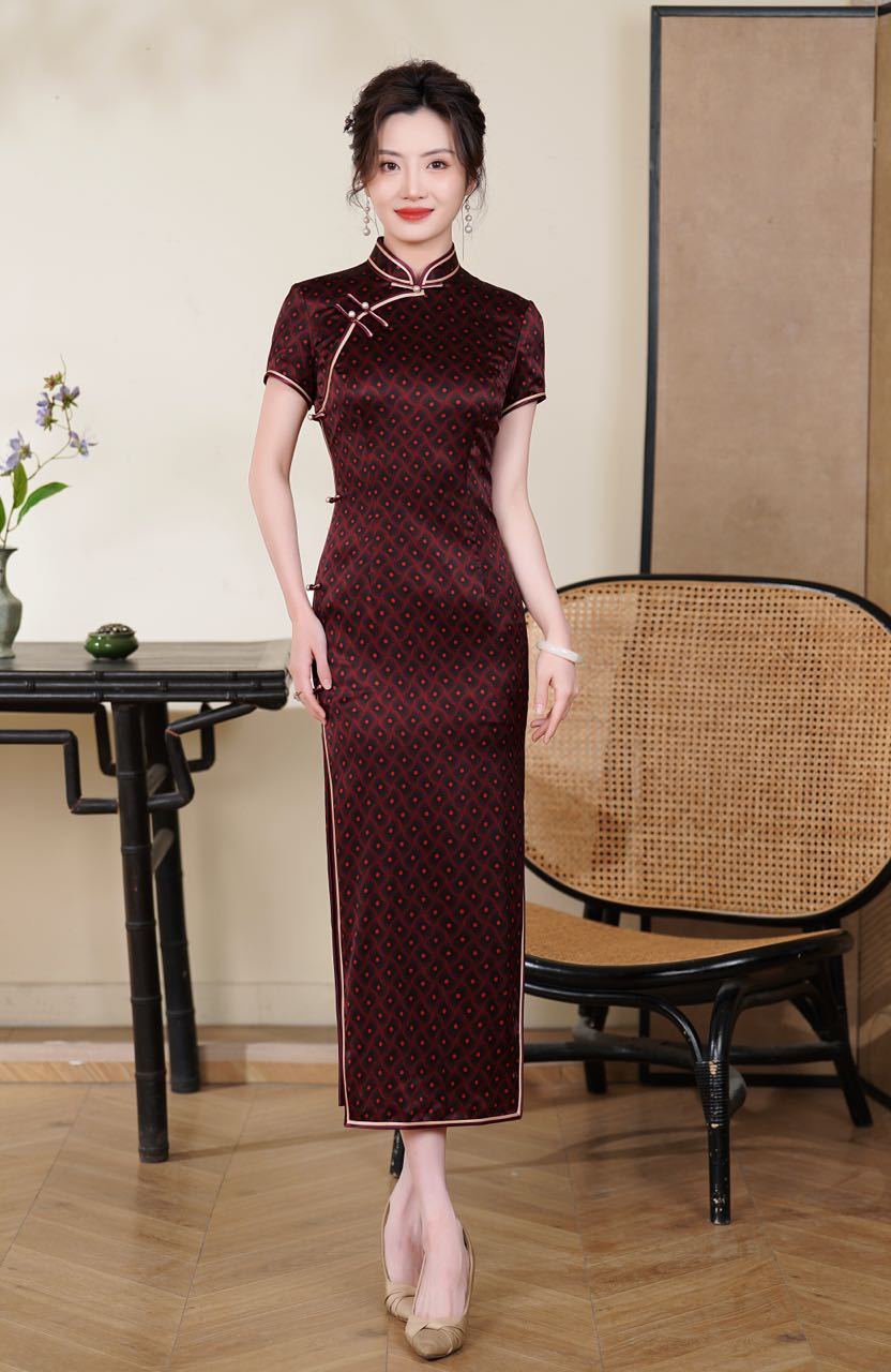 【红玉】旗袍高档真丝桑蚕丝短袖时尚立领红色修身优雅中式走秀