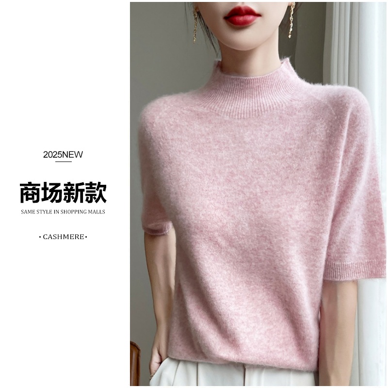 2025夏季新款 精纺水溶100%纯羊毛一线成衣半高领针织短袖T恤半袖