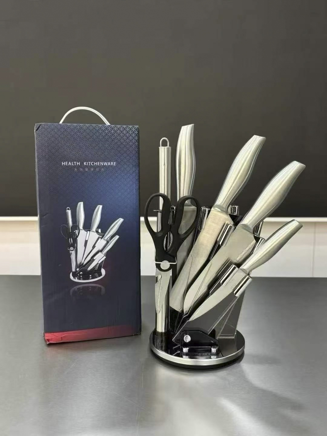 拉萨发货西藏包邮厨房刀具七件套钢柄360度旋转座套刀具7件套