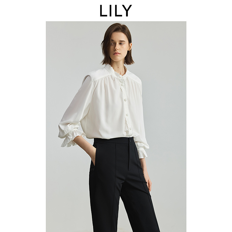 优可丝LILY2025秋新款法式重工荷叶边刺绣衬衫外套女125339C4924