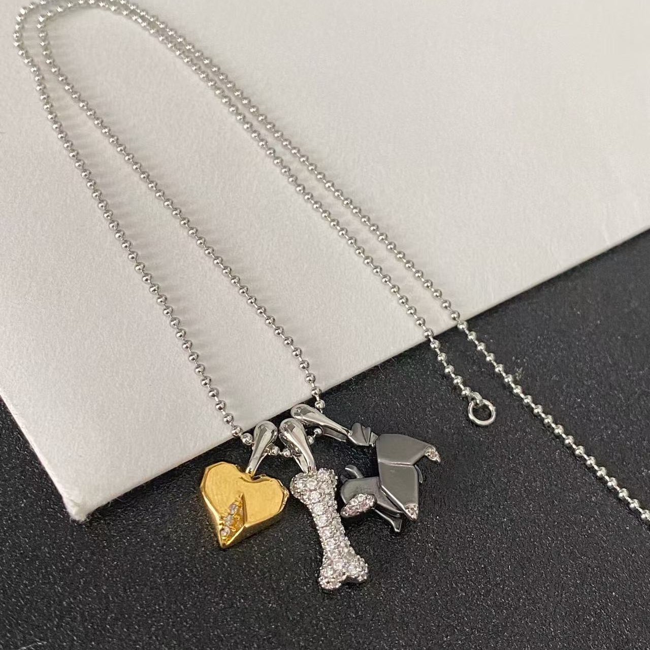 铜合金锆石项链 F813金色爱心狗狗骨头闪闪项链