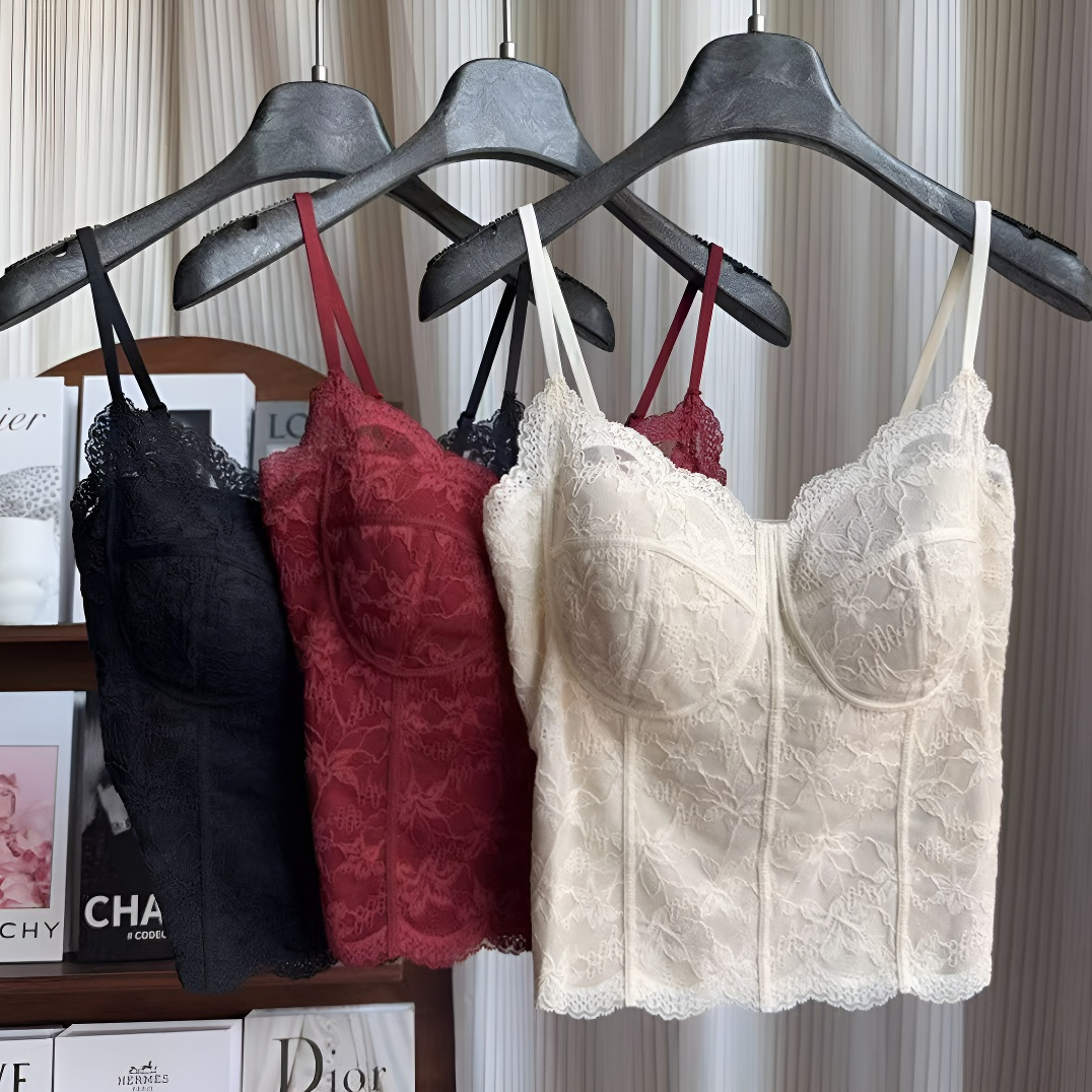 鱼骨蕾丝法式纯欲美背内搭秋冬内带胸垫吊带背心女显瘦打底上衣Q