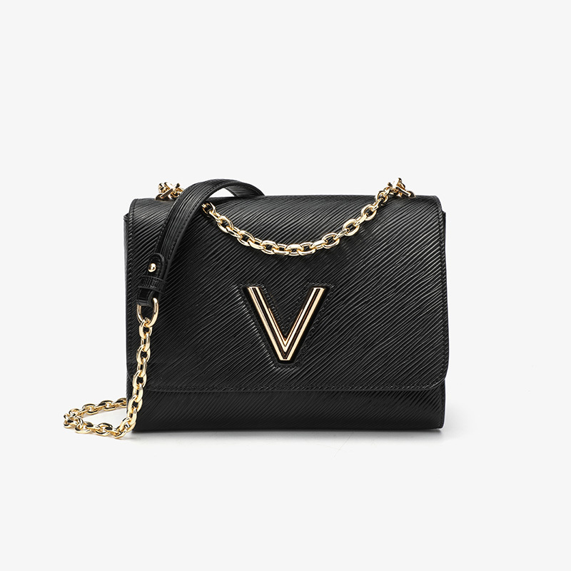 【云云甄选】RC-25598-黑色 水波纹黑银链条包单肩斜挎时尚百搭