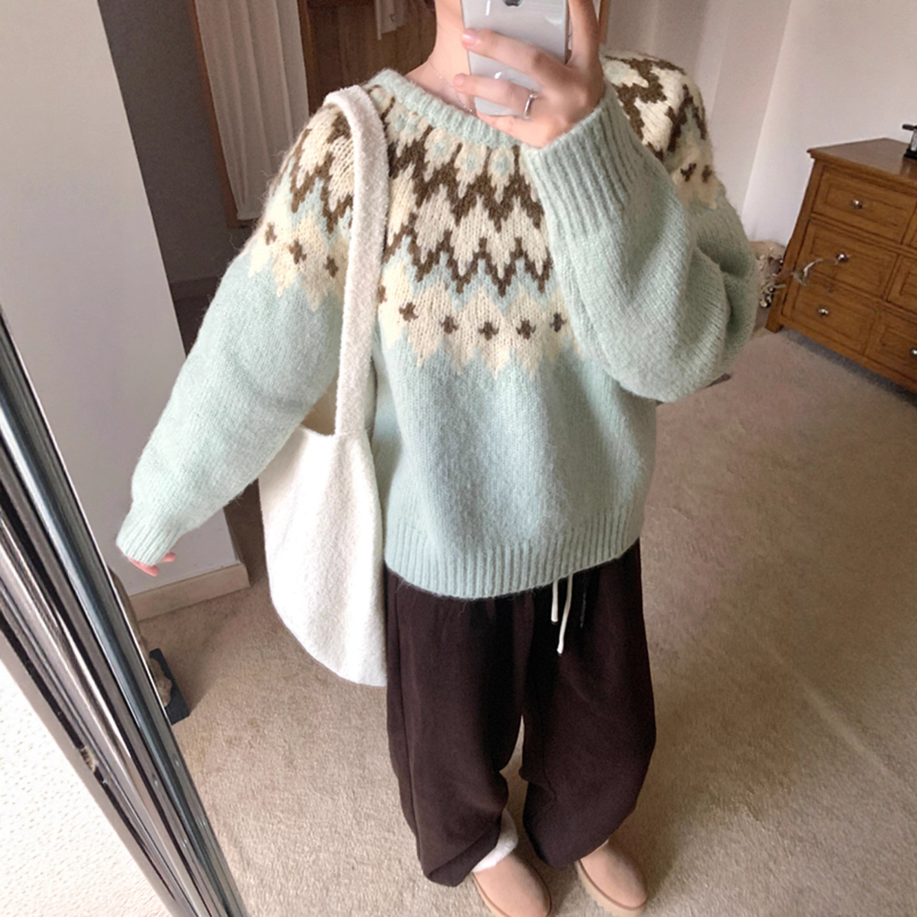 【费尔岛】圆领套头毛衣女秋冬韩系慵懒风高级感轻奢厚款宽松针织